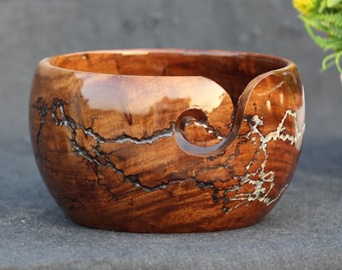 Image of Handmade Wooden Yarn Bowl for Knitting Yarn Ball Holder - Lichtenberg Figure Yarn Bowl - Yarn Bowls with Holes Crochet Bowl Holder - Resin Yarn Storage Bowl 7 inch x 4 inch inches (Brown & White)