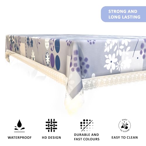 Image of Kuber Industries PVC 60x90 Inch 6 Seater Table Cover Cloth | Dining Table Cover /Sheet for Party and Events | Flower Circle Print - Grey