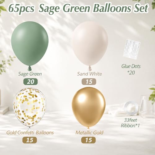 Image of 65PCS Sage Green Gold Balloons Kit for Baby Shower Party Decorations | 65pcs 12-Inch Sage Green, Gold, Ivory and Confetti Balloons for Elegant Baby Showers, Birthdays, Weddings and Parties