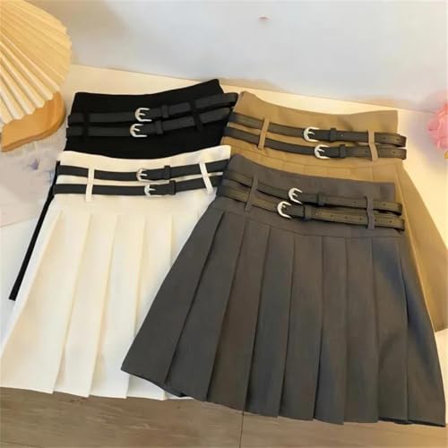Women Summer High Waist Casual Mini Skirt Solid with Double Belt Pleated A Line Skirts2