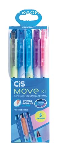 Caneta Esferográfica Retráril CIS Move RT 0.7mm, Estojo com 5 cores (Azul, Preta, Rosa, Roxa e Azul Claro)