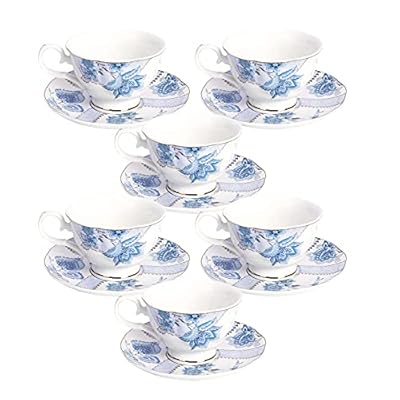 fanquare Floral Coffee Cups Set of 6(5 oz), Porcelain Cappuccino Cups with Saucers, Tea Cup for Birthday Wedding Party, Blue