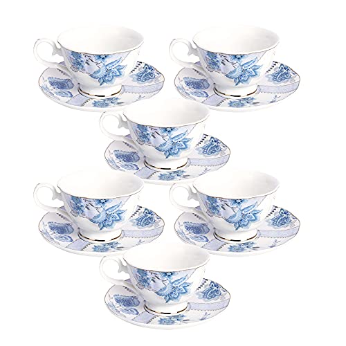 fanquare Blue Floral Tea Cup and Saucer Set of 6 (150ml), British Porcelain Cappuccino Coffee Cups with Gold Border for Birthday, Wedding and Party