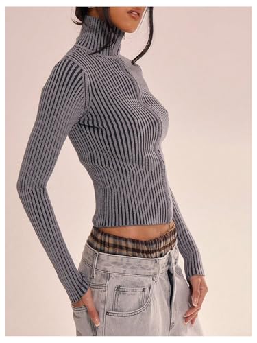 MakeMeChic Women's Y2K Cropped Sweater Striped Cardigan High Neck Zip Up Fall Sweaters Crop Tops2