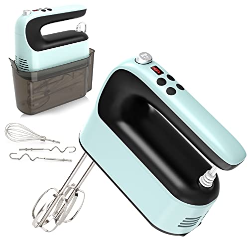 9-Speed Digital Hand Mixer Electric, 400W Powerful DC Motor, Baking Mixer Handheld with Snap-On Storage Case, Touch Button, Turbo Boost, Dough Hooks, Whisk (Ice Blue)