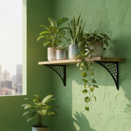 Image of Wall Shelf with Wooden Top Black|White Iron Brackets Storage Rack|Industrial Wall-Mounted Floating Shelf for Living Room,Kitchen,Bathroom (Black Hexagon Large)
