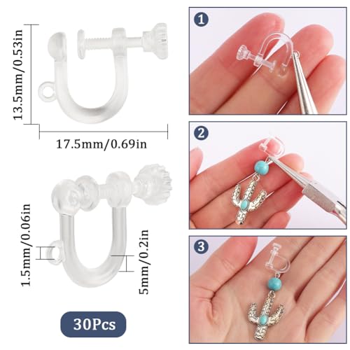 SUNNYCLUE 1 Box 30Pcs Resin Earring Clips Screw Back Clip on Earrings Clear Ear Wire Non Pierced Plastic Transparent U Type Clip-on Earring Converter Findings for jewellery Making Accessories DIY - Image 2