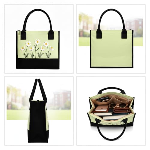 Image of Cotton Tote Bag For Woman Stylish | Embroidered Canvas Hand Bag With Floral Design | Casual Shoulder Bag Zipper For College Girls, Office, Daily Use, Travel, Beach, Shopping
