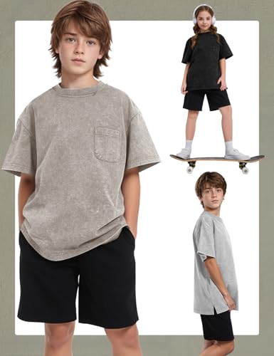 Image of COZYPOIN Unisex Kids Vintage Acid Wash Cotton Tees Crew Neck 3-16Y | 100% Cotton Boys Oversized T Shirt, Crew Neck, Short Sleeve, Front Pocket, Vintage Acid Washed Kids Tees for Boys Girls