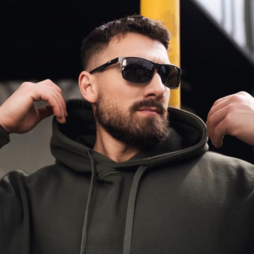 DUCO Herren Polarisierte Sonnenbrille mit Rechteckig Metallrahmen und Kohlefaser Brillenbügel UV400 CAT 3 8206 (Schwarz Rahmen Grau Linse)