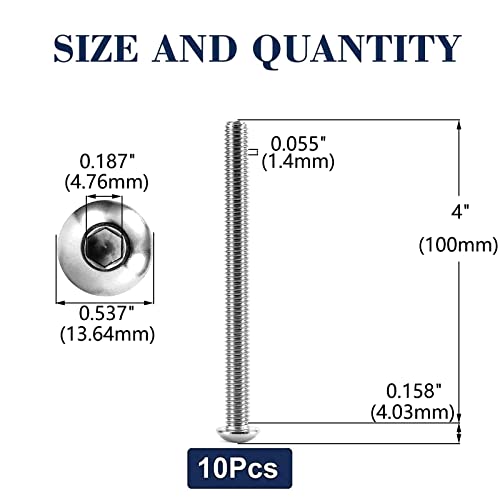 Image of 5 /16-18 x 4 inch Button Head Socket Cap Bolts Screws, 10Pcs 304 Stainless Steel 18-8, Allen Hex Drive, Bright Finish by SG TZH(with Hex Spanner)
