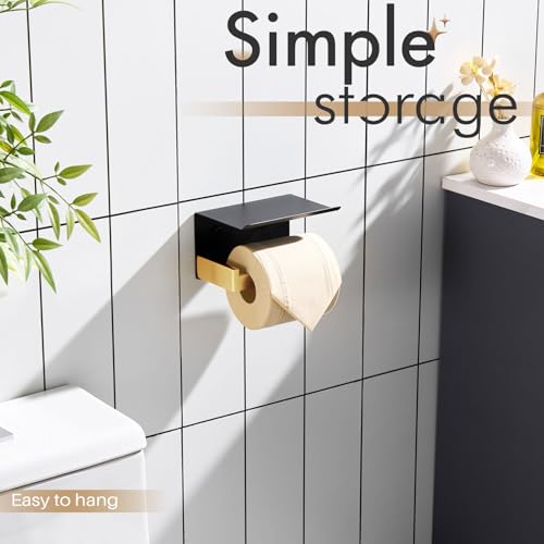 Image of KOKOSIRI Toilet Paper Holders with Shelf Bathroom Toilet Paper Roll Holder Wall Mounted T-304 Stainless Steel, Matte Black and Gold B2010GDK (Pack of 2)