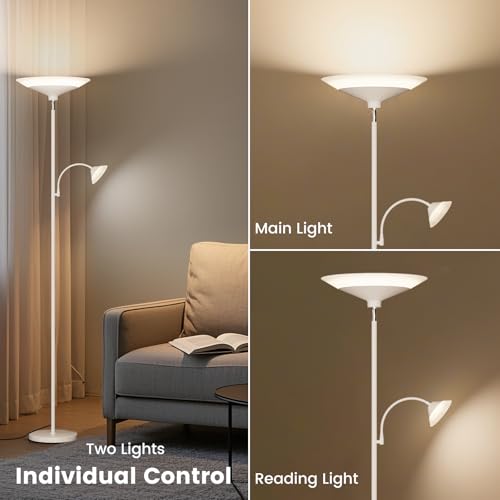 Image of SIBRILLE Upgraded 2-Light Torchiere Floor Lamp - 34W Color Changing Standing Lamp with Remote, Rotatable Floor Reading Light, Modern Standing Light with for Living Room Bedroom Office, White