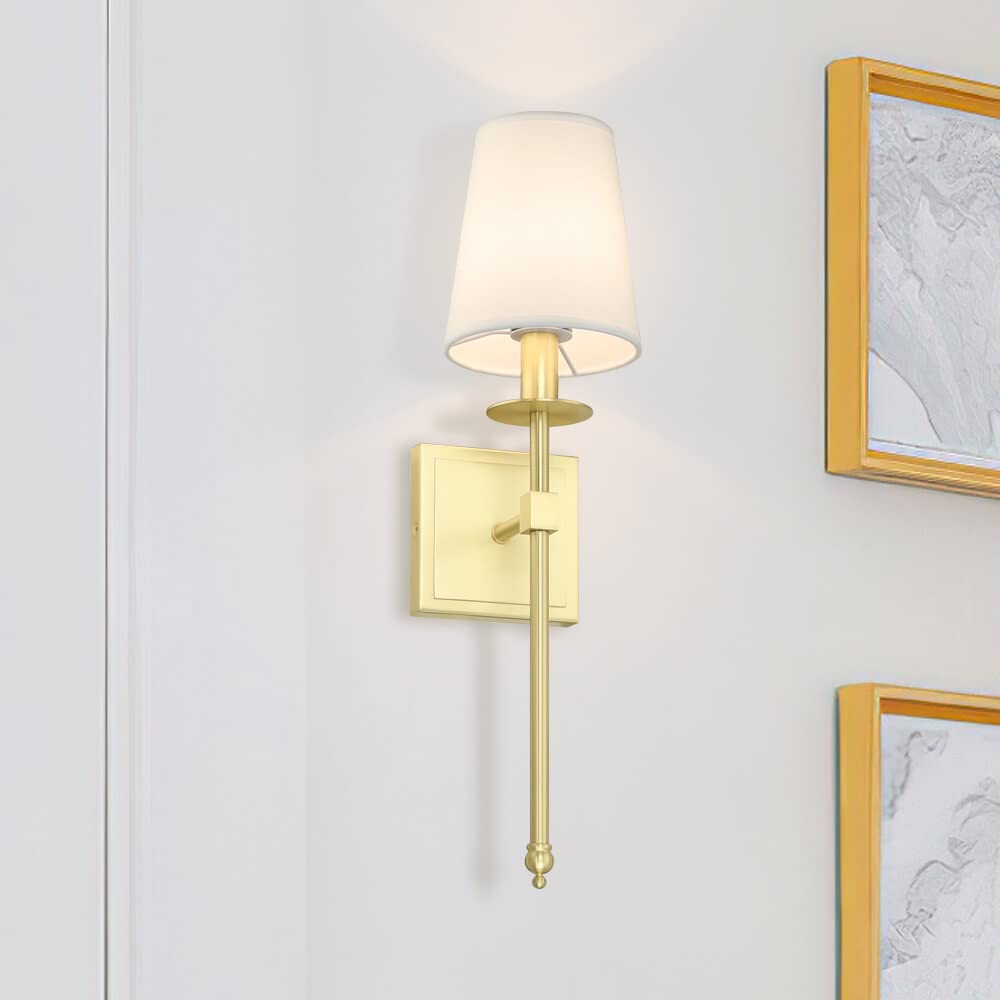 XiNBEi Lighting Brass Wall Sconces Set of 2, Modern Wall Mounted Lamp with Fabric Shade Single Bedroom Wall Sconce Light for Corridor & Living Room
