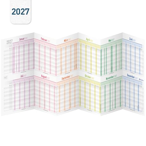 Häfft Urlaubsplaner 2027 Mitarbeiter A4 Faltkalender zum Abheften (ausgeklappt 89 x 29 cm) mit Jahresübersicht für 12 Personen oder Projekte faltbar/gefalzt Rainbow
