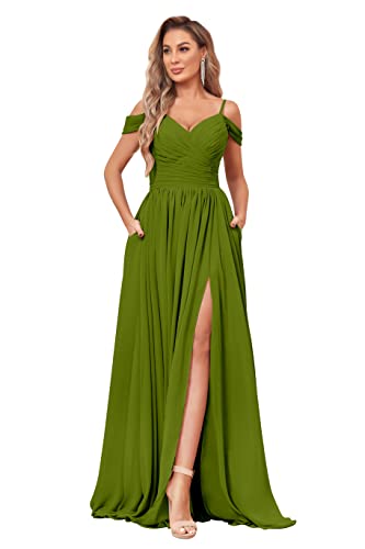 Image of BOLENSYE Off the Shoulder Bridesmaid Dresses with Pockets Ruched Chiffon Long Slit Formal Evening Gown