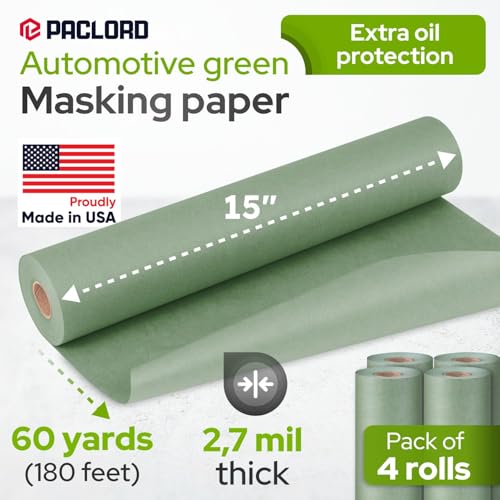 Image of 15 inch x 60 Yards (180 feet) Green Masking Paper with Extra Oil Protection for Automotive Painting Industries (Pack of 4) - Made in USA Masking Paper for Painting Cars, Protection from Splatter