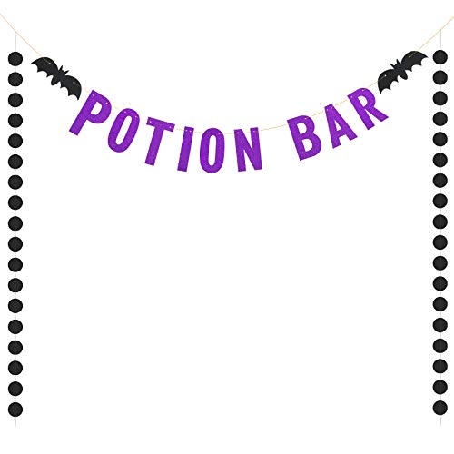 POTION BAR,LANMOK Potion Bar Banner Purple Glitter Garland Halloween Decor Bunting with 2pcs Black Circle Dots for Halloween Supplies Themed Party Home Decoration
