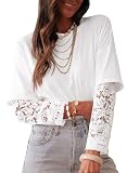 LOLONG White Long Sleeve Shirts for Women Fall Round Neck Tops Ladies Casual Lace Sleeve Solid Basic Tees