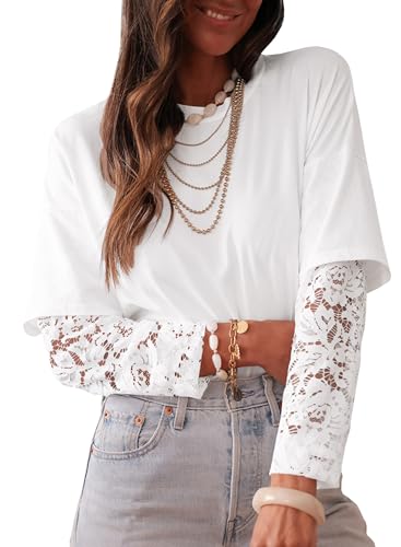 LOLONG White Long Sleeve Shirts for Women Fall Round Neck Tops Ladies Casual Lace Sleeve Solid Basic Tees