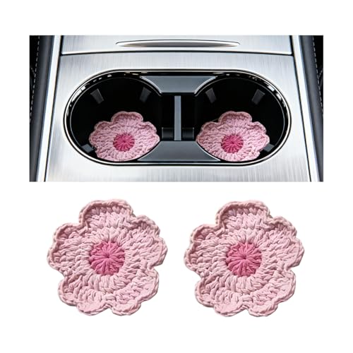 TNAIYH Car Cup Holder Coaster, 2PCS Cute Cherry Blossoms Handmade Boho Crotchet Vehicle Cup Holders Insert Mat, Anti Slip Auto Interior Water Bottle Coasters, Universal for SUV Sedan Truck