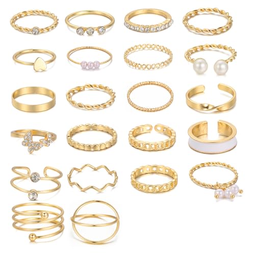 XPEX 22 anillos gruesos para mujer en oro, acero inoxidable, ajustables, apilables, juego de anillos abovedados