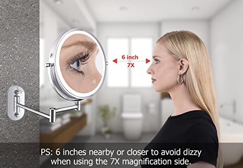Rechargeable Lighted Wall Makeup Mirror, 2-Sided 1X 7X Magnifying, 8 Inch Lighted Wall Mount Mirror With Medical-Grade 3 Color Lights, Touch Screen Dimming, Extended Arm 360 Rotation (Chrome) #TOP4