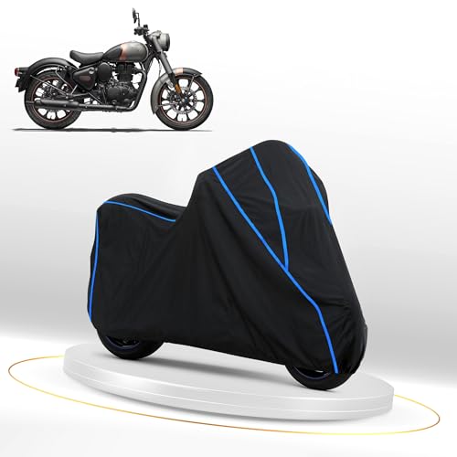 Image of Waterproof Bike Cover for RE Classic 350 | Heavy Duty Polyester | All-Weather, Dustproof, UV Protection | Triple Stitched Elastic Hem, Snug Fit Black
