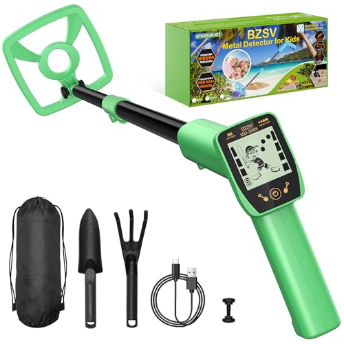Metal Detector Kit for Kids, Kids Geographical Starter Metal Detector Adjustable 33.5'- 40.5' with Intuitive LCD Display, Lightweight Gold Detectors with 6.5' Waterproof Coil & Trowel - Green