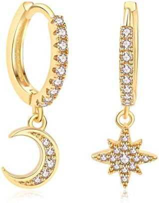 Dainty Gold Huggie Hoops with Moon and Star Charm 14K Gold Plated Small Hoop Earrings Dainty Minimalist Tiny Hoops Earrings Hypoallergenic Fashion Jewelry Gift for Her