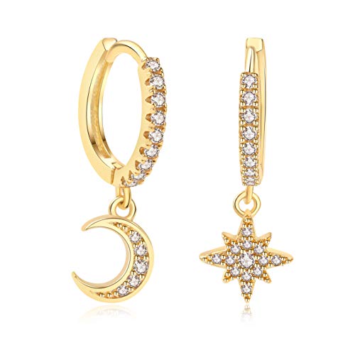 Dainty Gold Huggie Hoops with Moon and Star Charm 14K Gold Plated Small Hoop Earrings Dainty Minimalist Tiny Hoops Earrings Hypoallergenic Fashion Jewelry Gift For Her