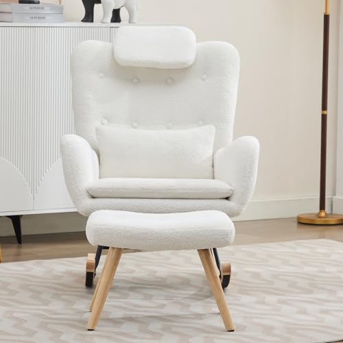 Silla Mecedora Con Asiento Acolchado,Mecedoras Comodas Salon Con Reposabrazos Acolchados Patas De Taburete De Madera DiseñO Elegante Mueble SalóN Dormitorio BalcóN. ﻿ (Blanco + soporte para piernas)