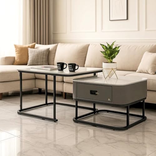 Image of Royaloak Genting Malaysian Square Sintered Top Coffee Table Set of 2 | Nesting Coffee Table for Living Room with Modern Nested Design, Drawer Storage, Glossy Surface & Powder-Coated Metal Frame