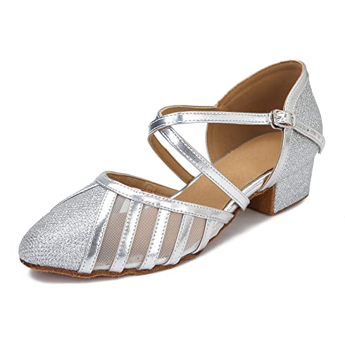 Image of Low Heel Ballroom Dance Shoes Women Latin Salsa Wedding Practice Dancing Shoes Sparkle Comfortable Closed Toe Dance Heels 1.5inch