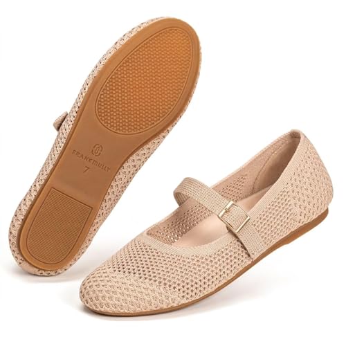 Image of Frank Mully Women's Mary Jane Flats Comfortable Dressy Ballet Flats Casual Round Toe Slip On Washable Knitted Fabric Office Work Woman Shoes