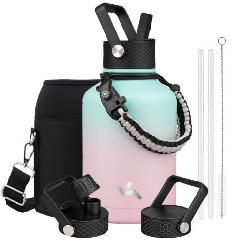 Image of Konokyo Insulated Water Bottle with Straw,50 oz 3 Lids Water Jug with Carrying Bag,Paracord Handle,Double Wall Vacuum Stainless Steel Metal Flask,Gum