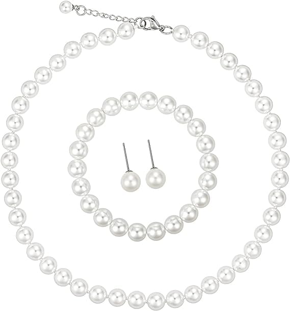 INSELLBERG White 8mm Faux Hand Knotted Glass Imitation Pearls Necklace Earring Bracelet Jewelry 3 Set for Women and Girls (B0CQGMDWMN) Amazon Price History, Amazon Price Tracker