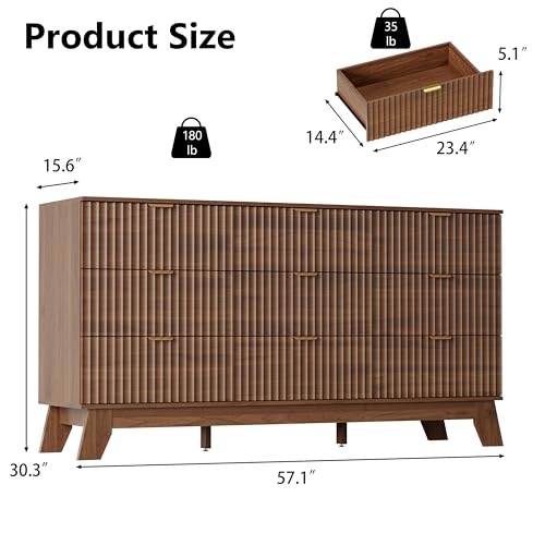 Image of 9 Drawer Dresser for Bedroom, 57''Wide Fluted Wooden Dresser Storage Cabinet and Chest of Drawers with Metal Handle, Storage Organizer for Living Room, Hallway, Entryway, Walnut