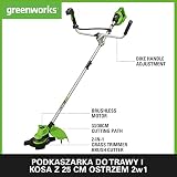 Greenworks GD24X2BCBK4x Akumulatorowa Kosa z Silnikiem Bezszczotkowym, Szelki, Uchwyt Rowerowy, 38 cm Szerokość Cięcia, 2 mm Żyłka Nylonowa, 25 cm Ostrze, 2x Bateria 24V 4Ah i Ładowarka