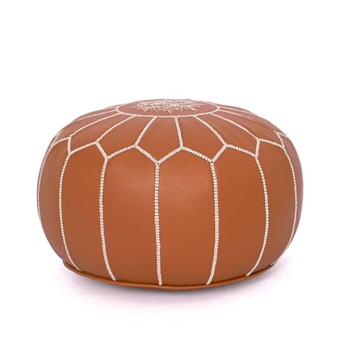 Marrakesh Gallery Stuffed Tan Faux Leather Moroccan Pouf, Decorative Storage Ottoman Solution for Home Decor - Bohemian Living Room, Bedroom, Floor Footrest
