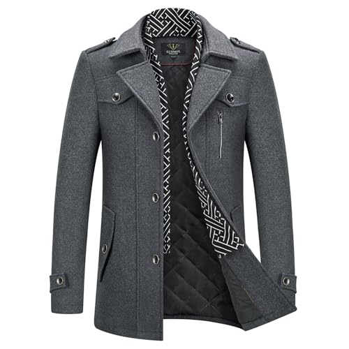 KUDMOL Men's Winter Mid-Length Wool Blend Coat Single Breasted Peacoat with Removable Scarf(Grey,M)