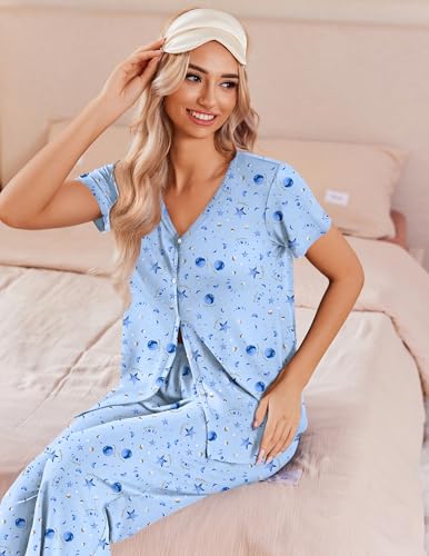Image of Ekouaer Women's Pajama Sets Short Sleeve Sleepwear Button Up Pj Loungewear Top and Capri Pants with Pockets