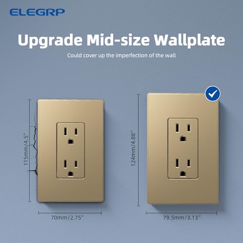 Image of ELEGRP 1-Gang Screwless Decorative Wall Plates, Mid-Size Unbreakable Thermoplastic Faceplate Cover for Decorator Receptacle Outlet Switch, UL Listed (5 Pack, Champagne Gold)