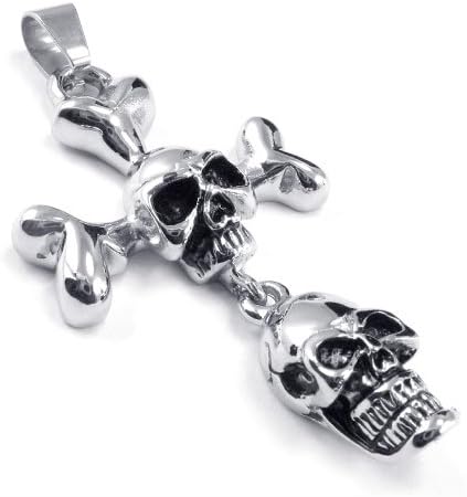 Atlas Jewels Cross Stainless Steel Twin Skull Pendant Necklace