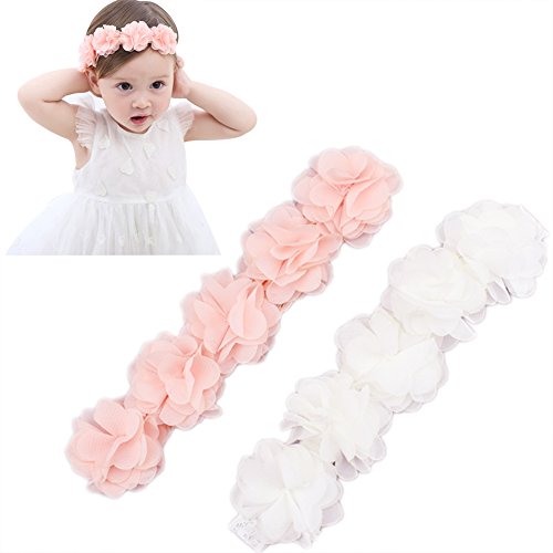 Baby Toddler Elastic Chiffon Flower Headbands Princess Girls Hand Sewing Beads Flower Headwear Nylon (QJ11 White pink) (QJ11 White pink)
