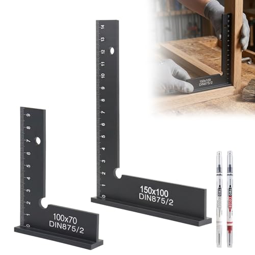 Anschlagwinkel Set 2 Stück 90 Schlosserwinkel mit Messskala (cm) + 2 Zimmermanns Marker Präzisions Anschlagwinkel Metall & Schreinerwinkel für Metallbau Holzarbeit & Werkstatt 150x100mm & 100x70mm