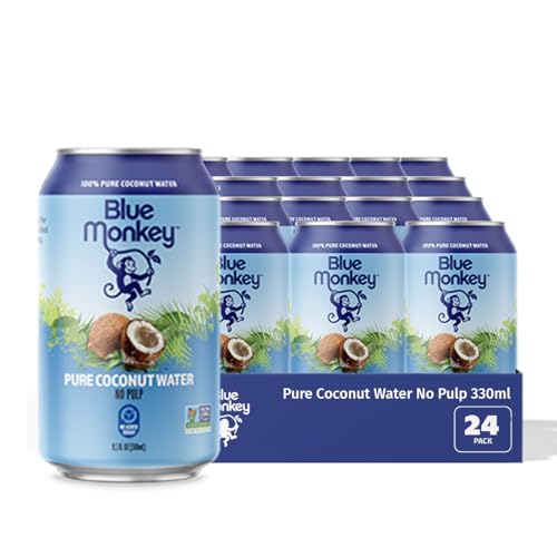 Blue Monkey Coconut Water - 100% Pure Coconut Water from Vietnam - No Pulp - No Sugar Added - Shelf Stable - Refreshing Hydration Drink - 11.2oz (330) 24-Pack