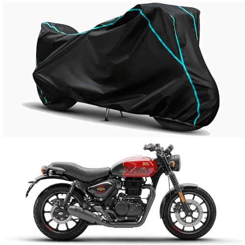 Image of Waterproof Bike Body Cover Compatible for | Royal Enfie Hunter 350 Metro | Taffeta Fabric, Sky Piping Design, Bottom Elastic Fit | Dustproof, Sun UV & Rain Protection for All Weather.