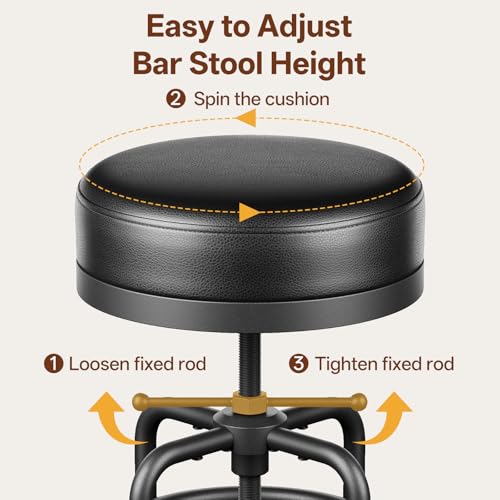 Image of Raynesys Adjustable Height Swivel Bar Stools Set of 2, 22-29 Inch Industrial Vintage Bar Counter Height Stools with Thicken Premium Bonded Leather Seats & Updated Footrests, Easy Assembly, Black
