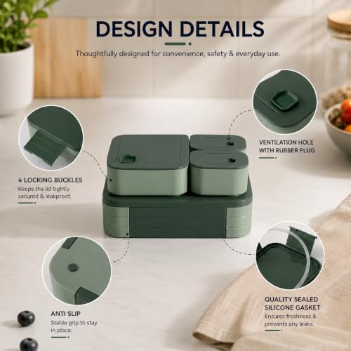 Image of daiDokoro 3 Removable Compartment - 1100 ML Bento Lunch Box | Compact BPA Free, Leak-Proof, Microwave & Dishwasher Safe Tiffin for Office Use, School & Travel (Viridian Green)
